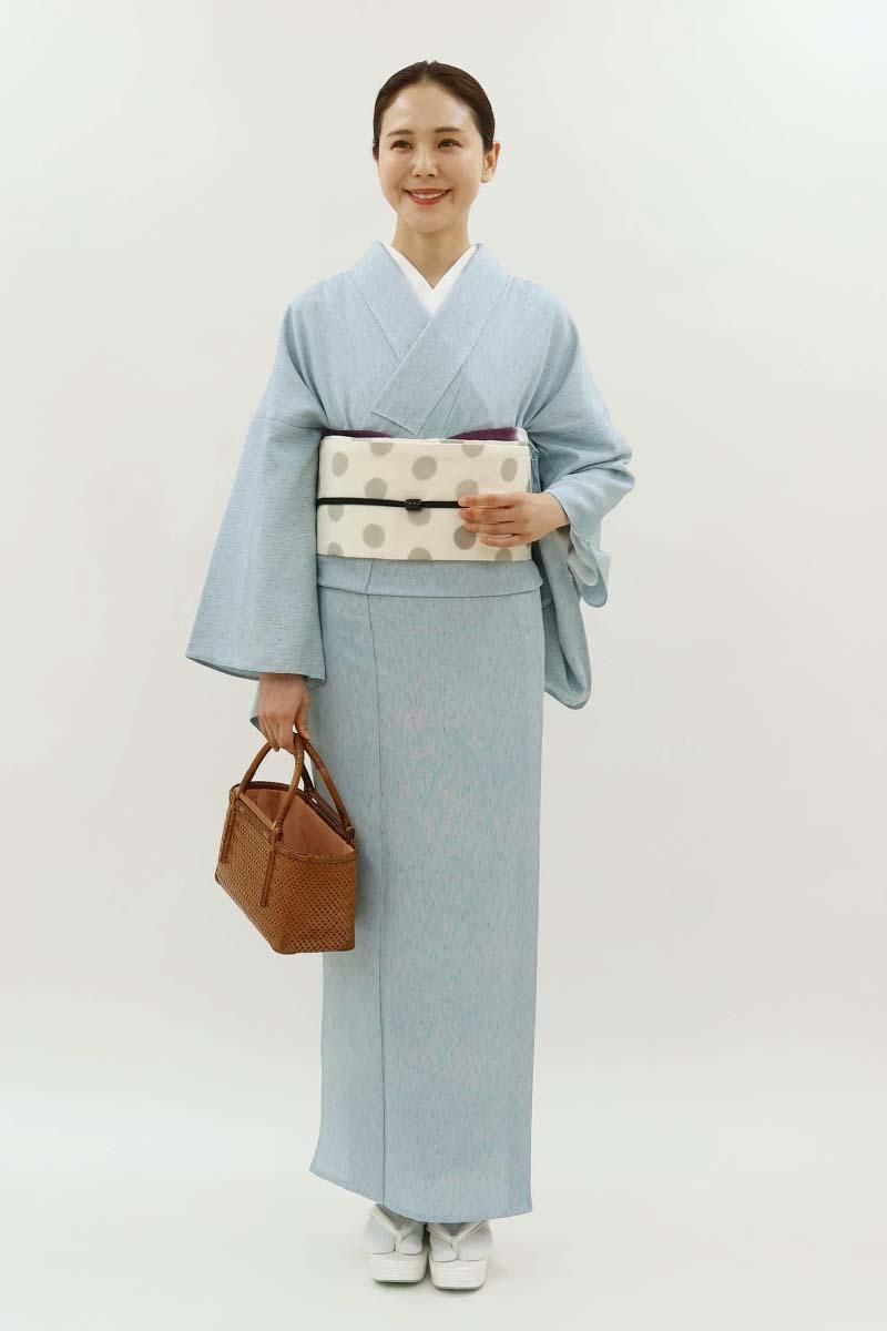 銀座【C-3233】単衣 江戸小紋 浅縹色 雨縞（反端付）（N） :身丈