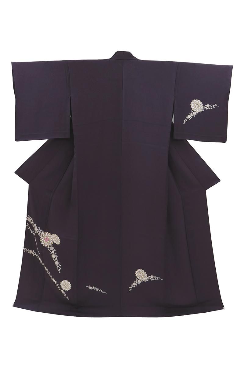 銀座【B-4206】単衣 付下げ 茄子紺色 花唐草に華文 :身丈161/裄