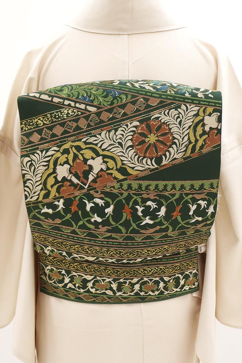 銀座【L-8356】西陣 川島織物製 袋帯 千歳緑色 斜め段に花唐草文（落款入）