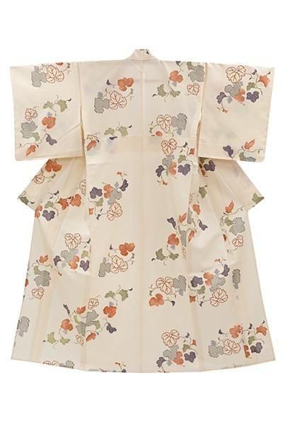 あおき【着物4561】白山工房製 夏牛首紬地 小紋 象牙色 蔦の図（新品 反端 証紙付）:身丈163/裄68.5