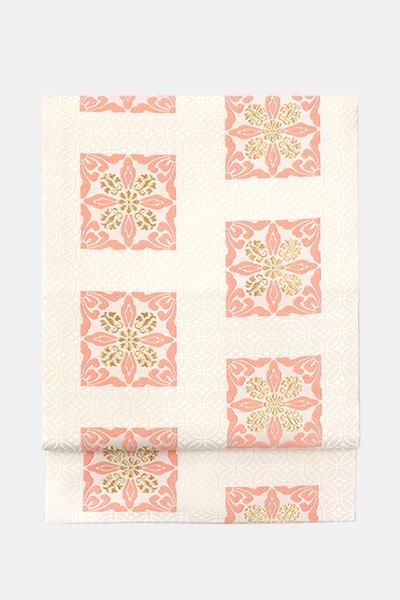 銀座【帯5711】西陣 俵屋製 袋帯 象牙色「筥形華文」