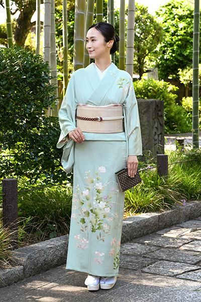 銀座【着物4580】単衣 訪問着 淡水色 春秋花文（余り布付）:身丈