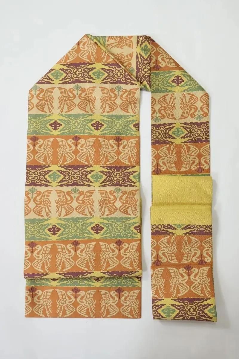 銀座【H-0685】人間国宝 喜多川俵二作 織名古屋帯 松喰鶴に瑞雲（三越