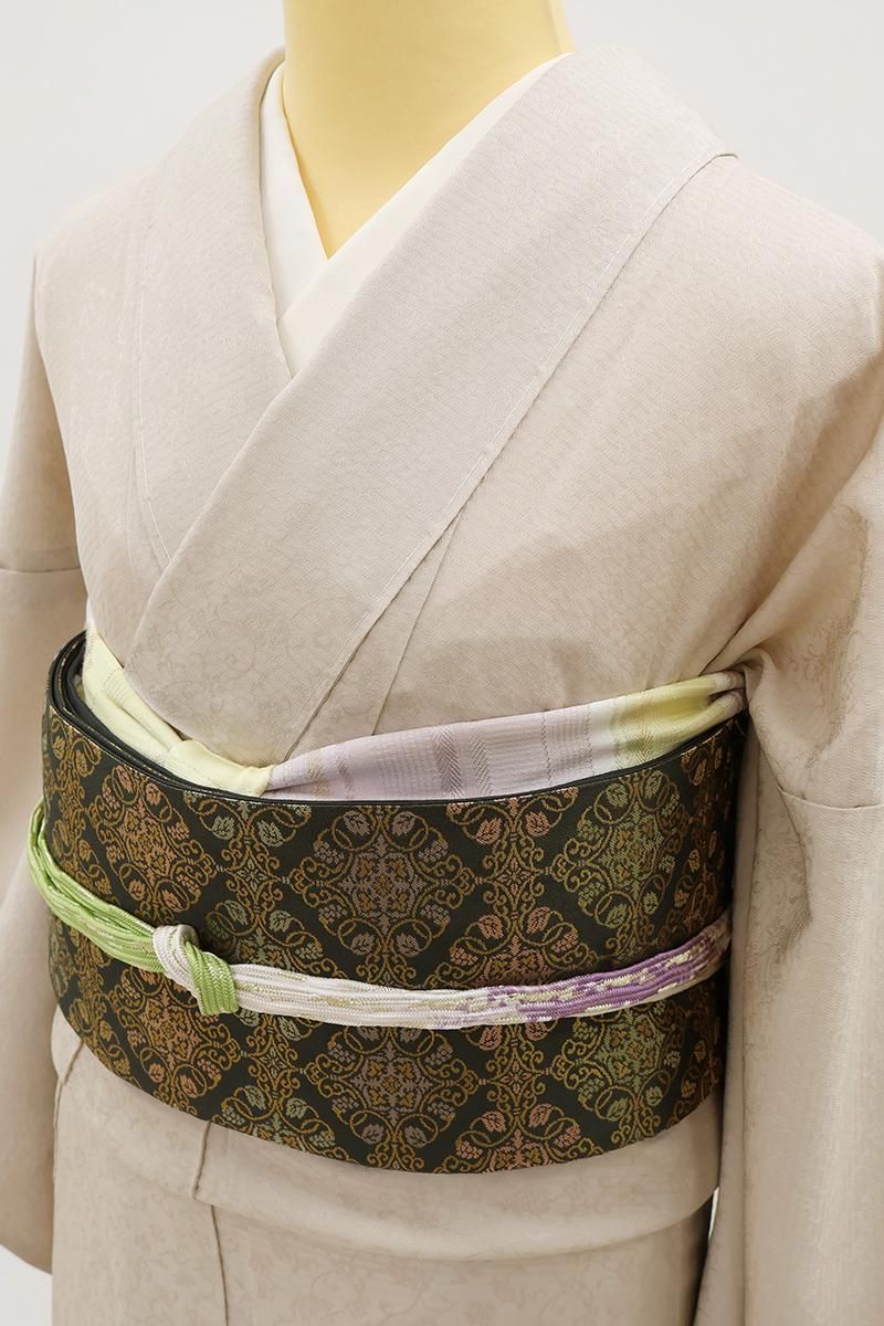 色無地　金通し　反物　唐花 銀座【C-3242】単衣 色無地 明るい灰色 花唐草の地紋（反端付