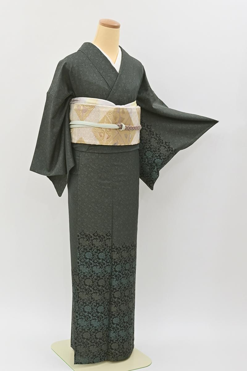 あおき【B-4209】単衣 織付下げ 黒緑色 葡萄唐草や花唐草文 :身丈159/裄65.5