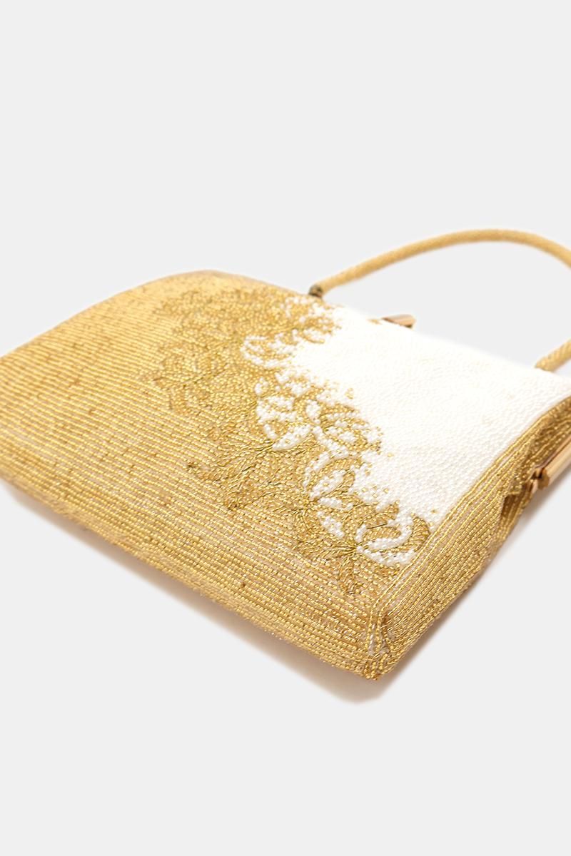 銀座【G-3301】ビーズ刺繍 バッグ 金色×白色 植物文 - 銀座