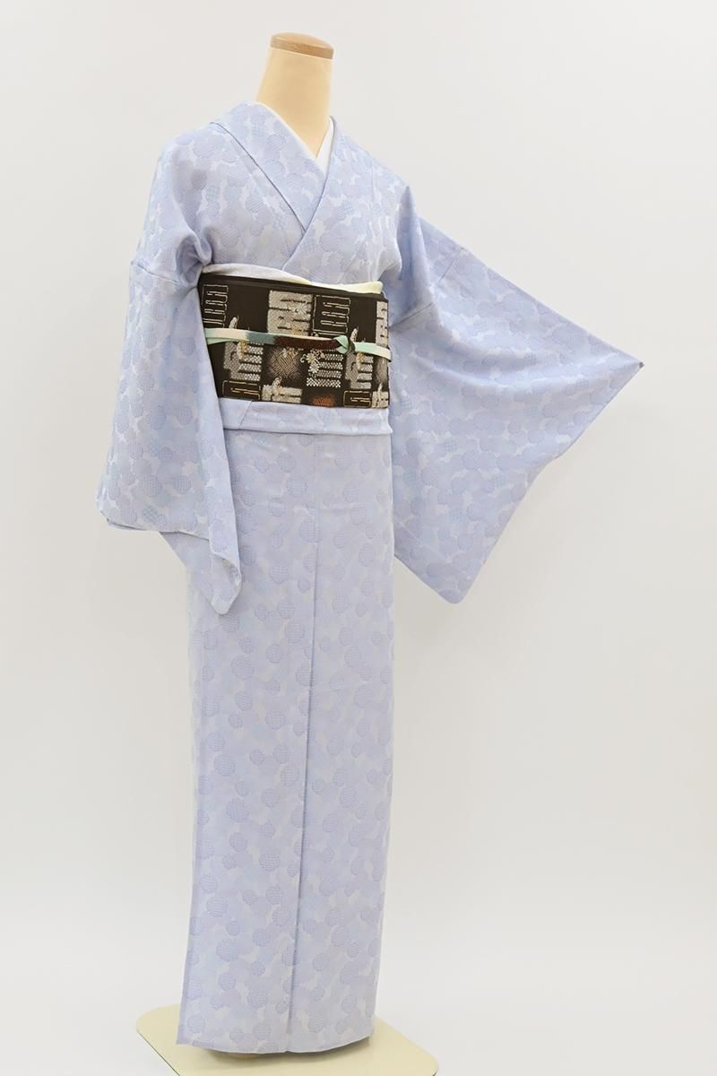 あおき【A-4152】単衣 織着物 淡い青藤色 雪輪文 :身丈156/裄67