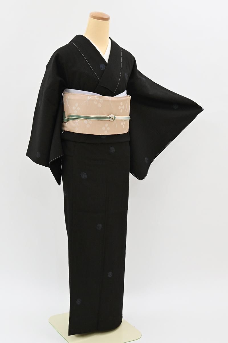 銀座【A-4155】単衣 結城紬 黒色 丸文 :身丈158/裄65