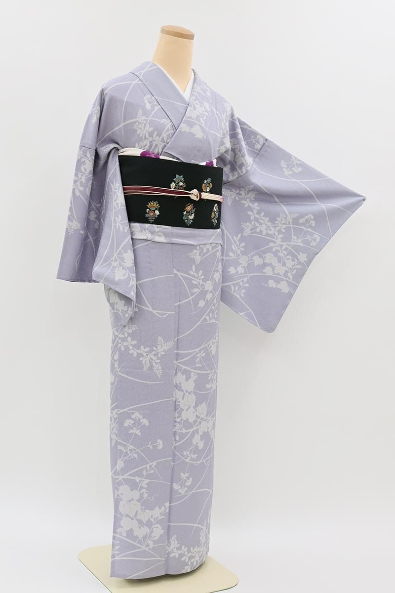 あおき【D-3898】単衣 小紋 藤色 秋草文（反端付） :身丈160/裄67