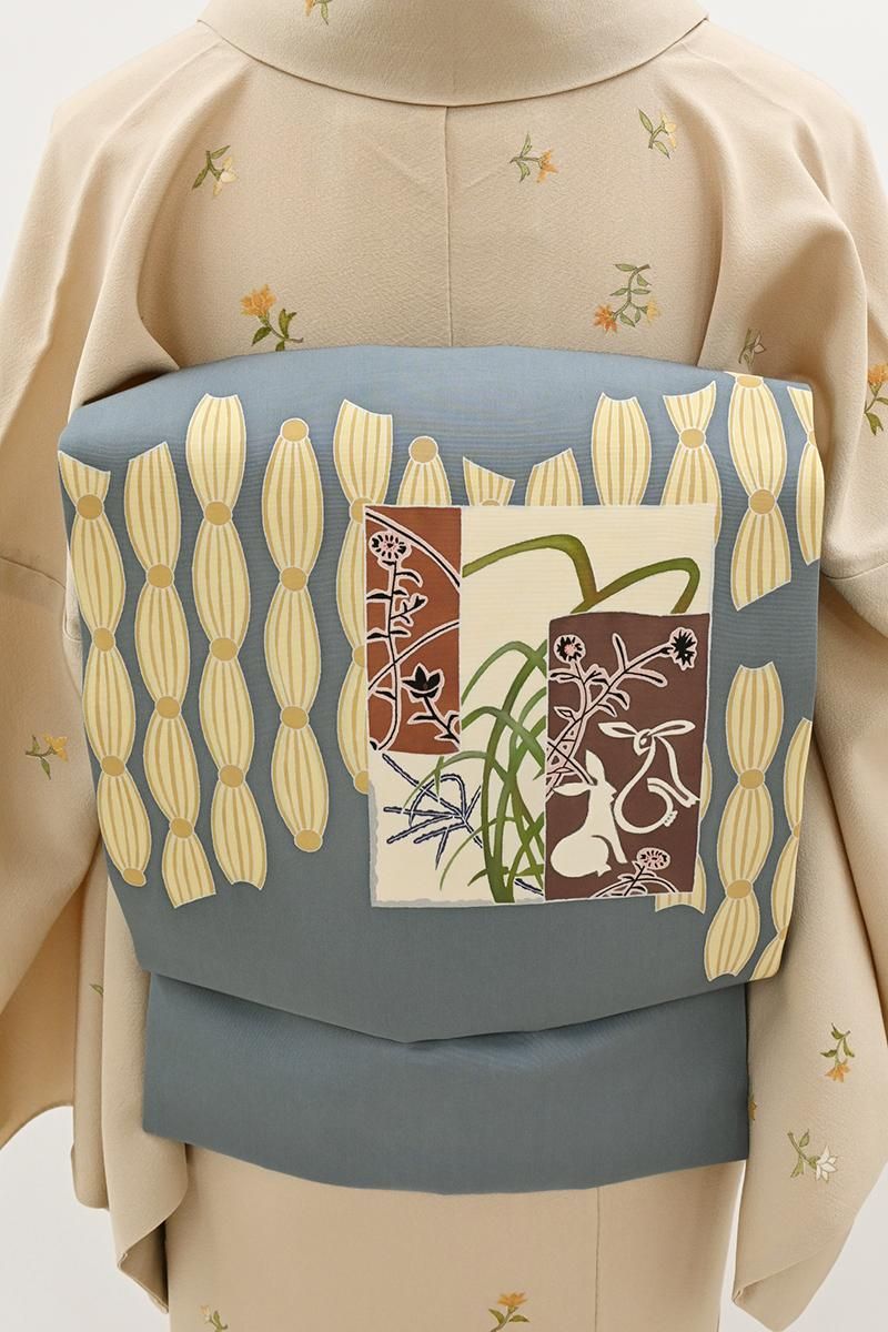 銀座【H-0700】塩瀬地 染名古屋帯 灰青色 木賊に秋草や兎など（落款入）