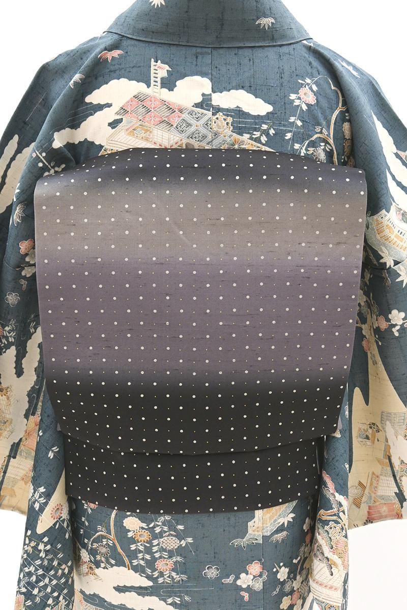 銀座【L-8374】白山工房製 牛首紬地 洒落袋帯 紫苑色×薄色×黒色 横段暈かしにドット（証紙付・落款入）