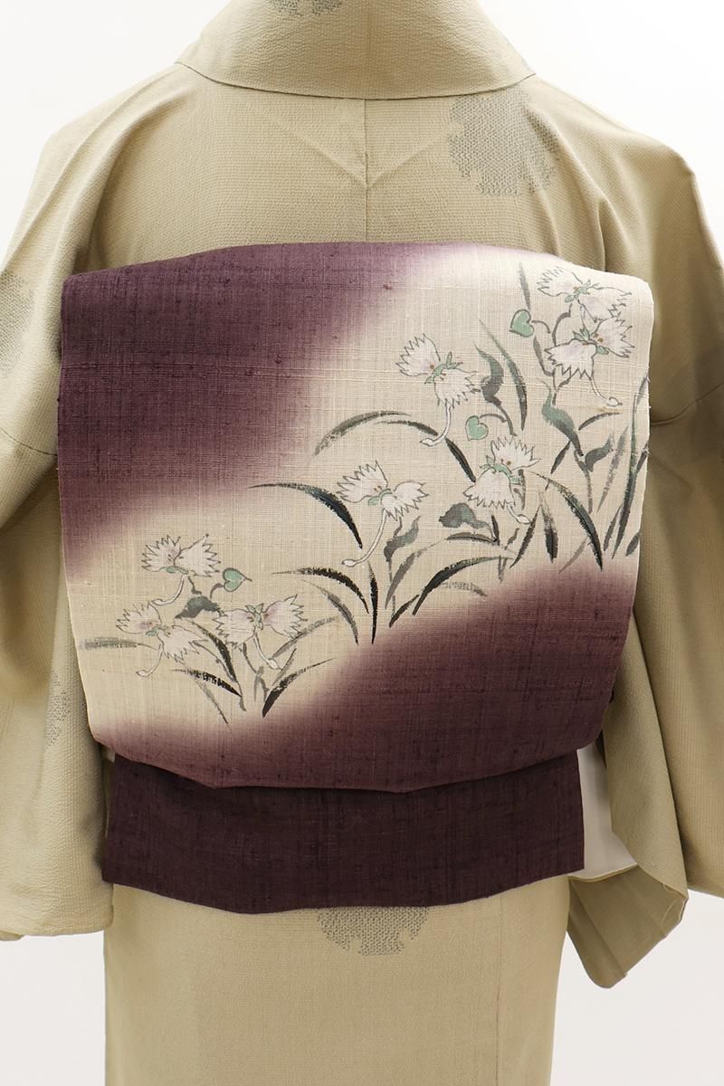 銀座【H-0702】夏紬地 染名古屋帯 深い牡丹鼠色 鷺草の図