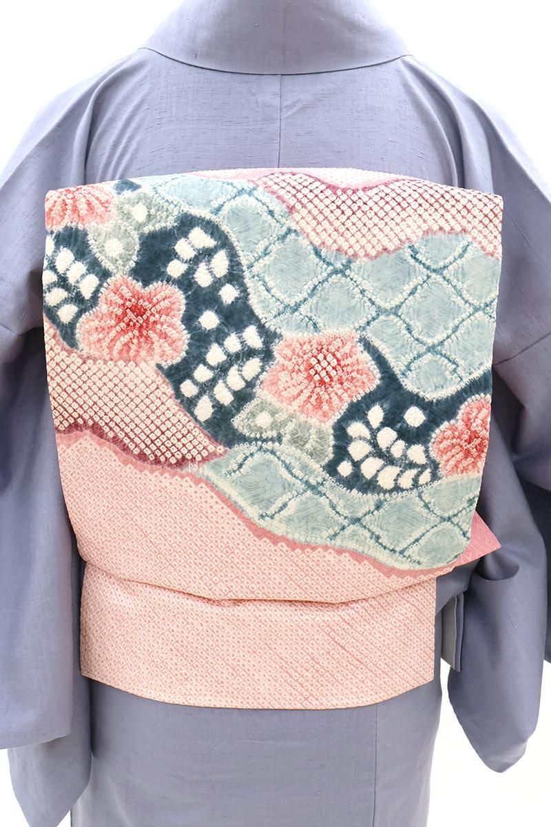 銀座【H-0703】藤娘 きぬたや製 絞り染め 名古屋帯 石竹色 花の図