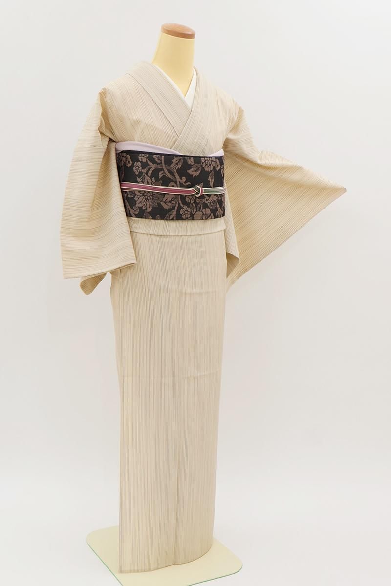 銀座【A-4162】単衣 本塩沢 やまだ織 鳥の子色 竪縞（証紙付） :身丈154.5/裄67/広め