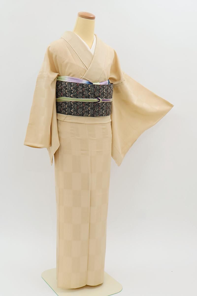 あおき【C-3275】繍一ッ紋 単衣 透かし織 色無地 蒸栗色 変わり市松の地紋（反端付） :身丈157/裄66.5