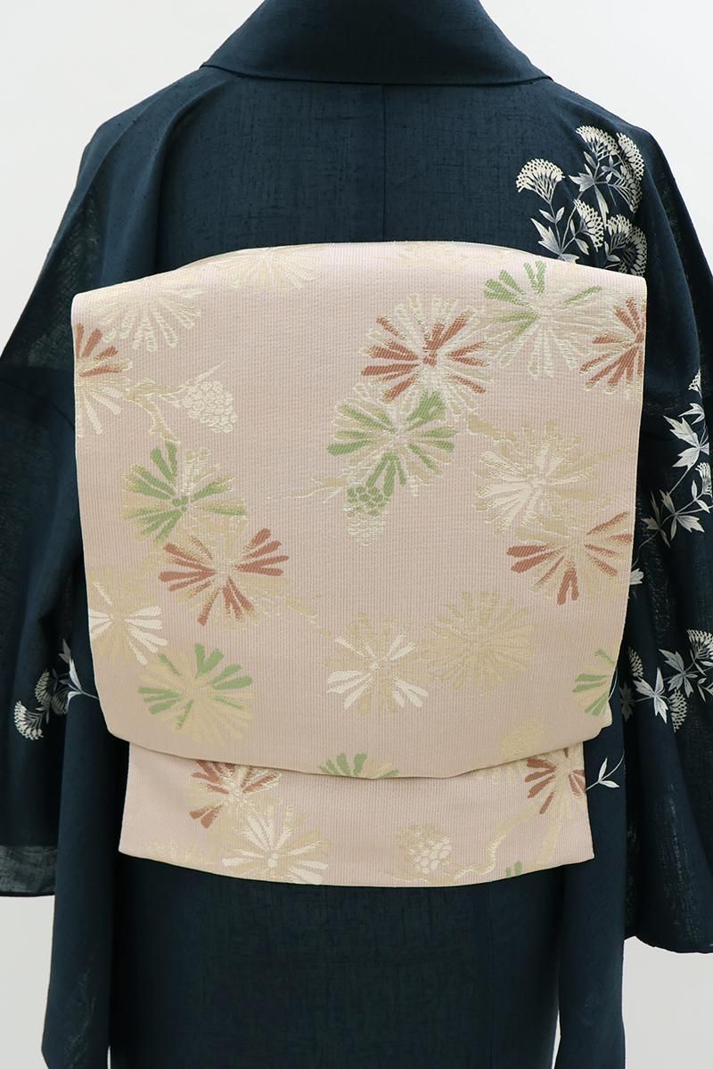 あおき【L-8385】袋帯 淡いシェルピンク 松葉や松毬の図