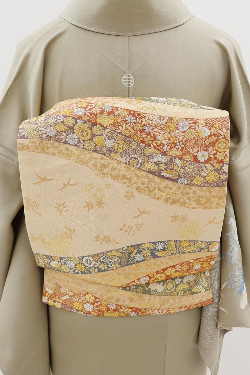 銀座【L-8387】袋帯 クリーム色 流線に扇子や源氏車など