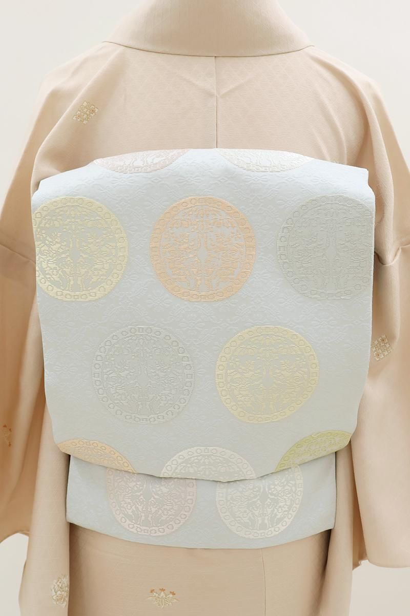 あおき【H-0716】西陣製 織名古屋帯 淡いわすれなぐさ色 丸文（証紙付）（N） 
