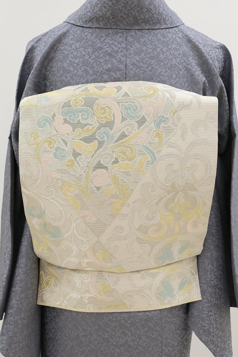 あおき【L-8392】西陣 川島織物製 本袋帯 乳白色 菱に唐草文（落款入）