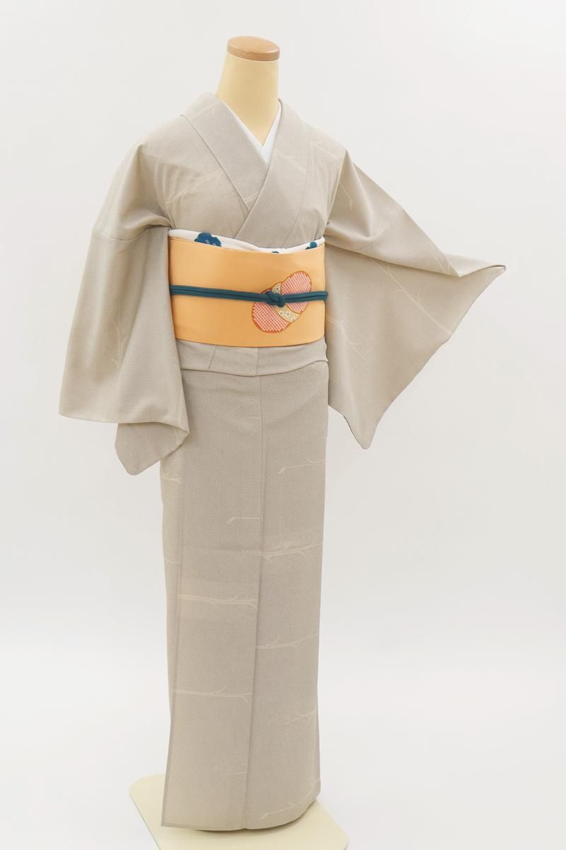 銀座【A-4166】単衣 本塩沢 白茶色 亀甲に植物文（反端付） :身丈160/裄69