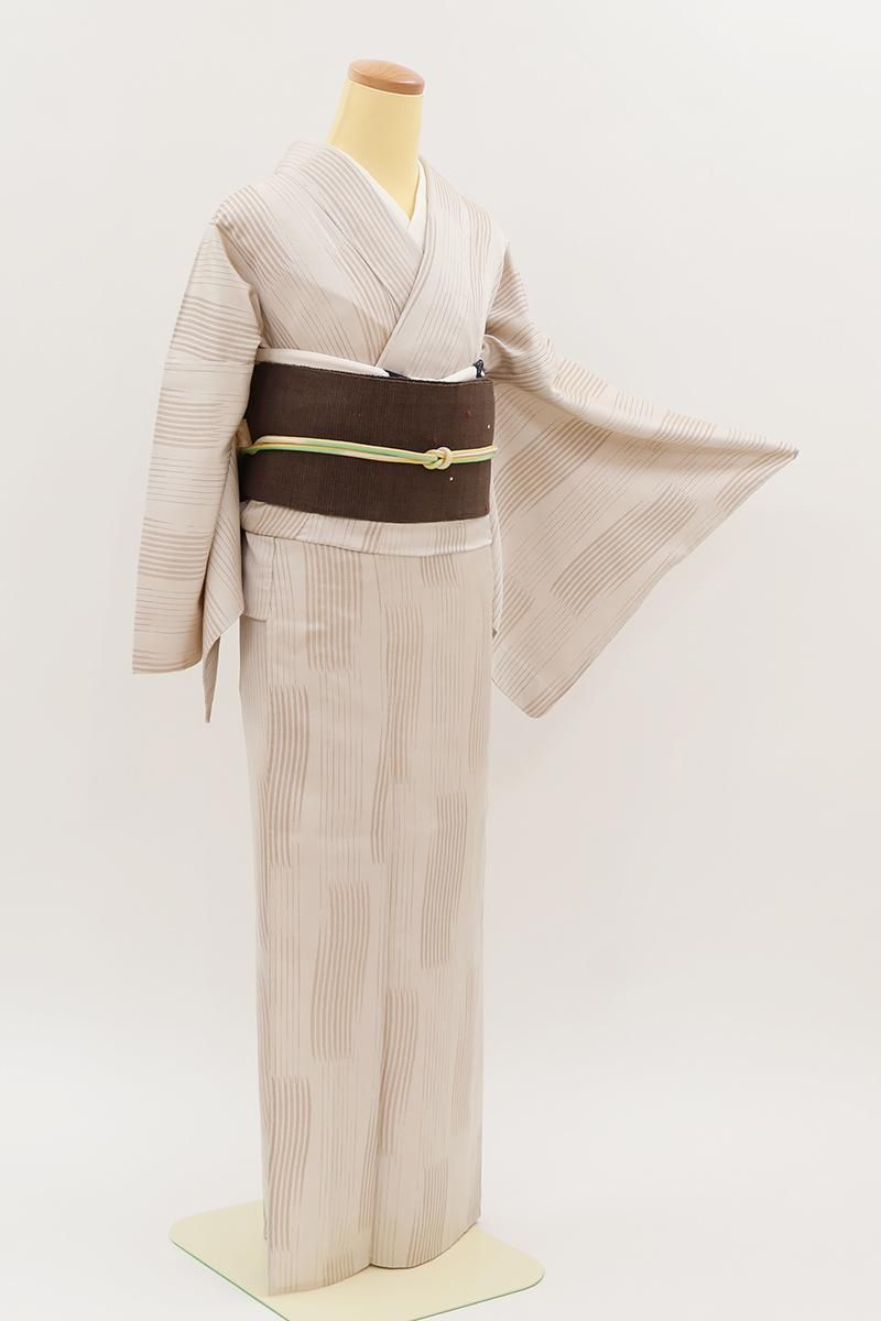 あおき【A-4167】単衣 西陣御召 淡い白茶色 縞に履け目文（証紙付） :身丈159/裄71