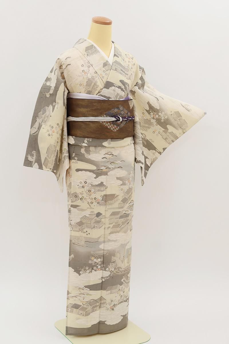 あおき【B-4214】単衣 紬地 訪問着 象牙色 風景文 :身丈154/裄66.5/細め