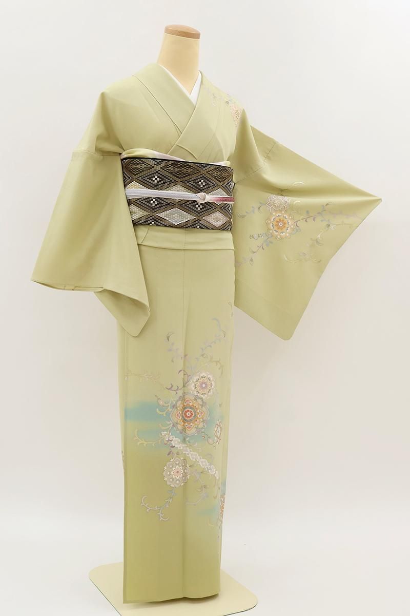 あおき【B-4226】単衣 訪問着 若芽色 華文唐草文 :身丈153.5/裄66.5