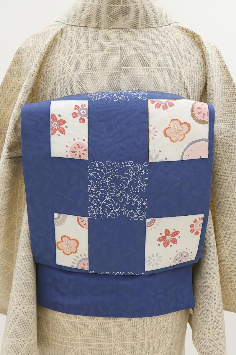 銀座【H-0722】染名古屋帯 瑠璃色 市松に花の図