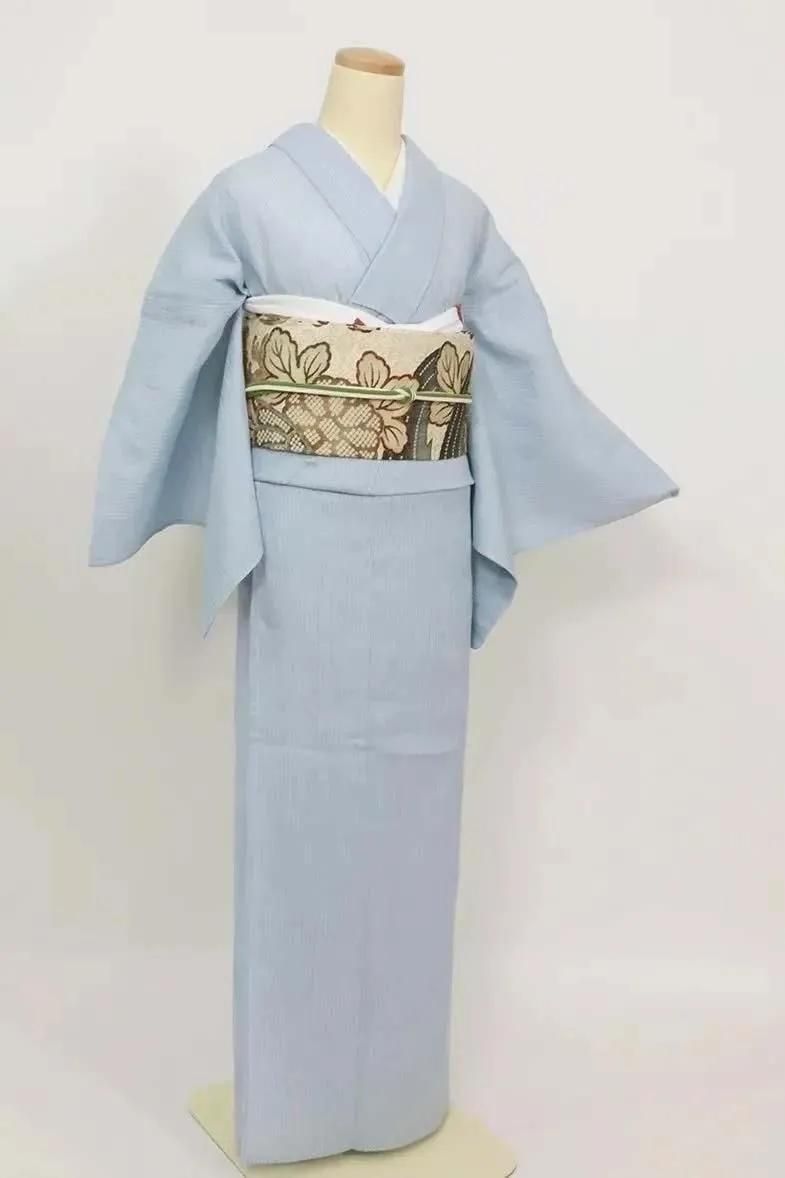 あおき【A-4005-5】近江ちぢみ 秘色色 竪縞（反端付）（N） :身丈163/裄68