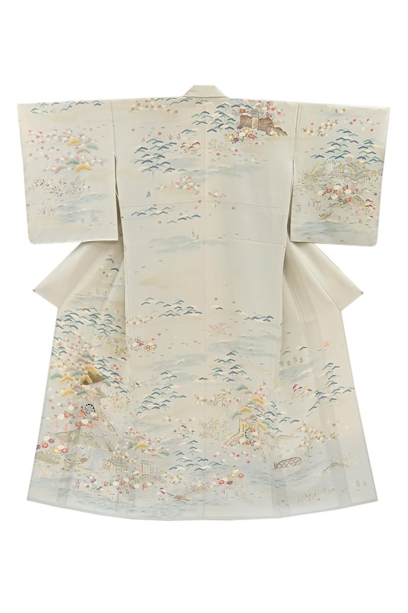 あおき【B-4232】単衣 訪問着 灰白色 御所解文（反端付・落款入