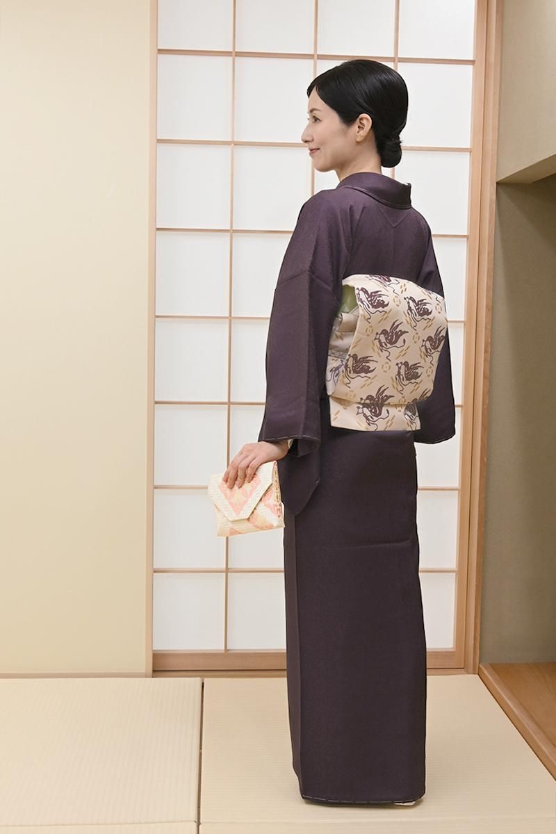 銀座【H-0711】人間国宝 喜多川俵二作 織名古屋帯 薄香色 花喰鳥
