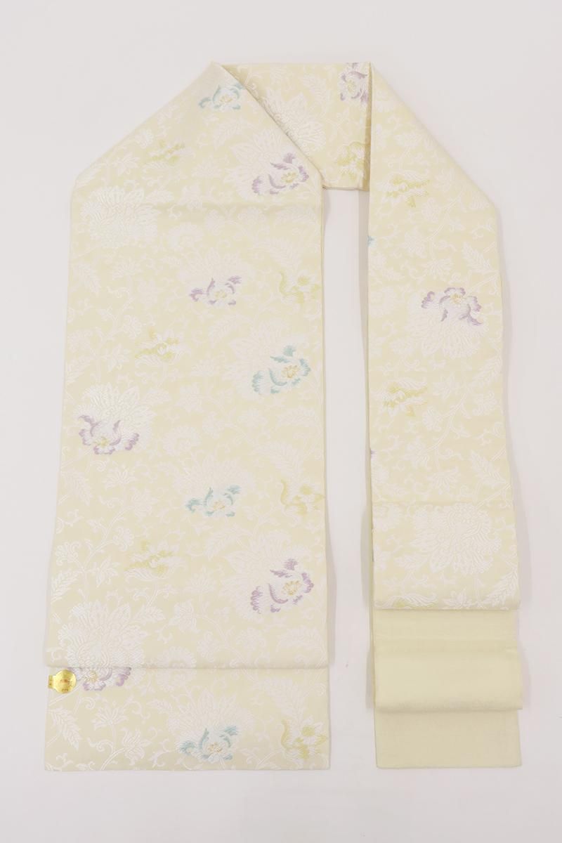 銀座【H-0729】西陣製 織名古屋帯 明るいクリーム色 唐花文