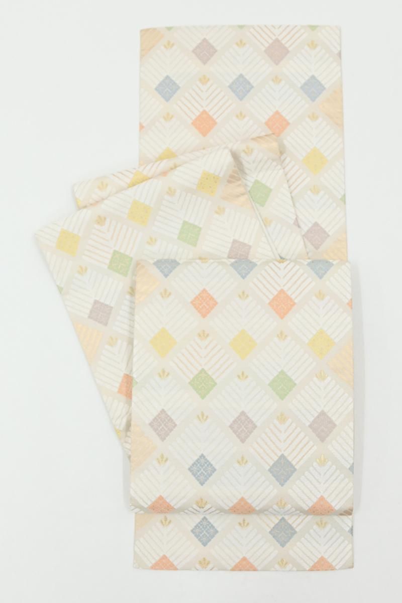 ★専用★未使用品 袋帯 ライトグレー 横段 幾何柄 全通柄 長さ4m48cm 銀座【L-8398】袋帯 灰白色 松菱文 - 銀座きもの青木｜長く大切に着