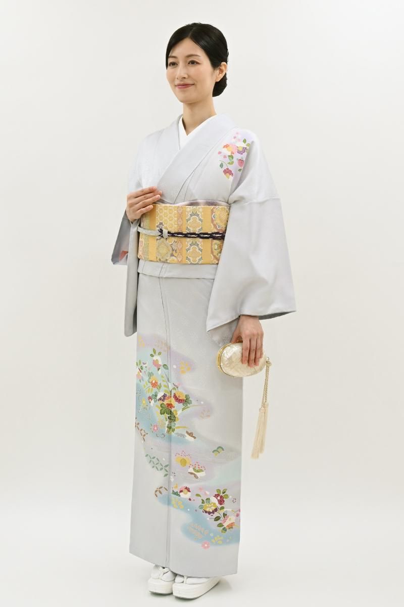 銀座【B-4222】訪問着 薄藤色 霞に四季花文（反端付）（N） :身丈160