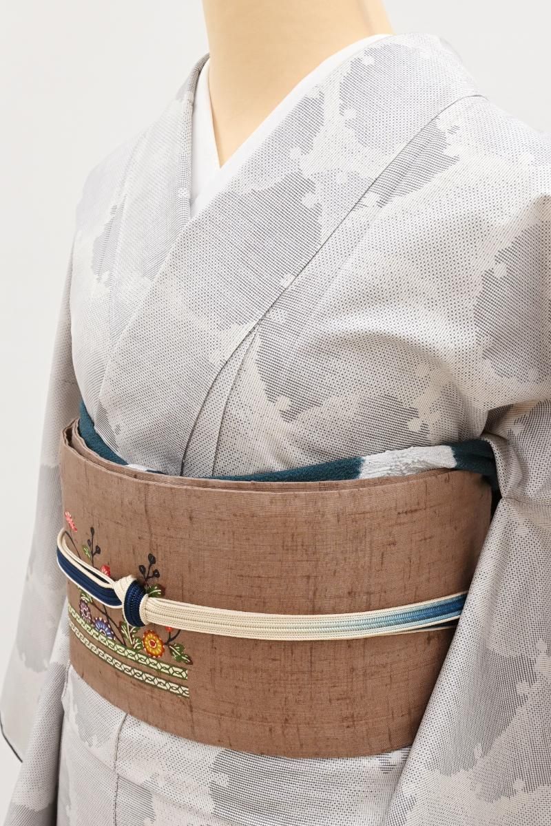 シンプルに逸品を　縦節紬の名古屋帯 型染め模様縮緬地 / 抽象華模様紬名古屋帯 | OSEN Antique