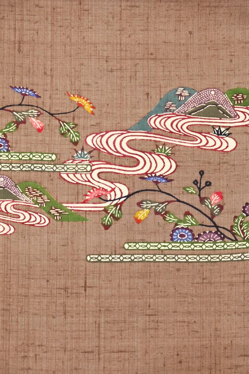 銀座【H-0742】紬地 紅型 染名古屋帯 橡色 花に風景文 - 銀座きもの