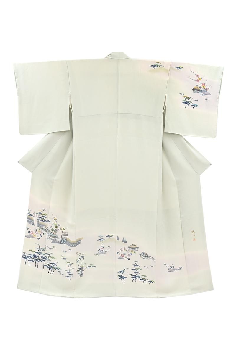 銀座【B-4224】二代目 上野為二作 訪問着 淡い白緑色 風景文（落款入