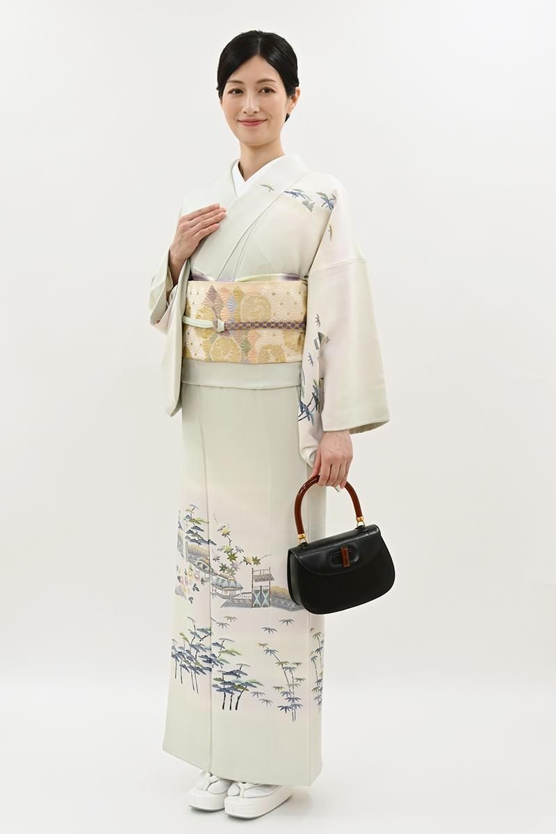 銀座【B-4224】二代目 上野為二作 訪問着 淡い白緑色 風景文