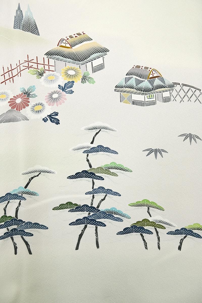 銀座【B-4224】二代目 上野為二作 訪問着 淡い白緑色 風景文（落款入