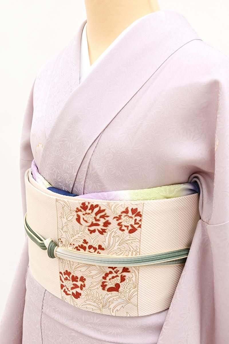 銀座【H-0752】伝統工芸士 小倉隆作 染名古屋帯 桜色 横段に唐花文（反