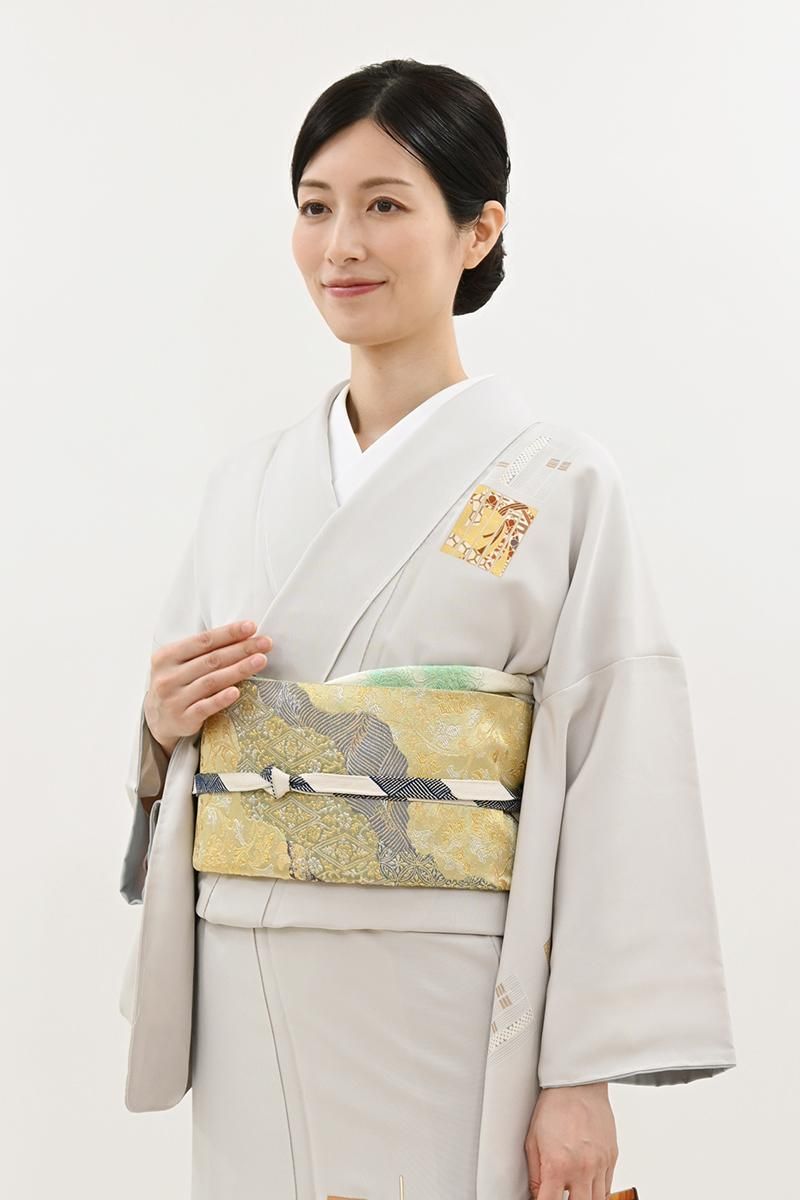 未着用　鹿の子　葛　リーフ模様　袋帯　着物　114a p 振袖用袋帯 isc314 成人式振袖 金地・ゴールド/花・七宝柄
