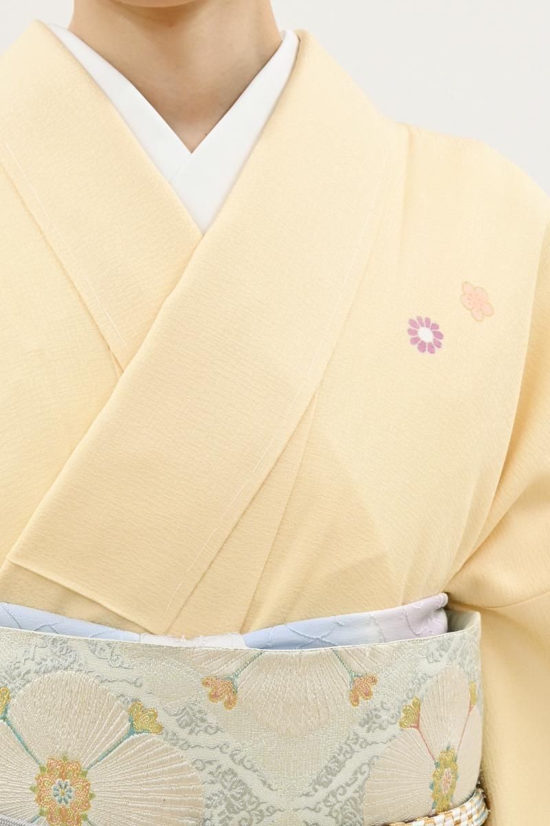 銀座きしや　付け下げ　ベージュ　手描き　金彩　草花　金砂子　一つ紋　正絹 銀座【B-3752】繍一ッ紋 絽 付下げ 灰青色 四君子文（反端付
