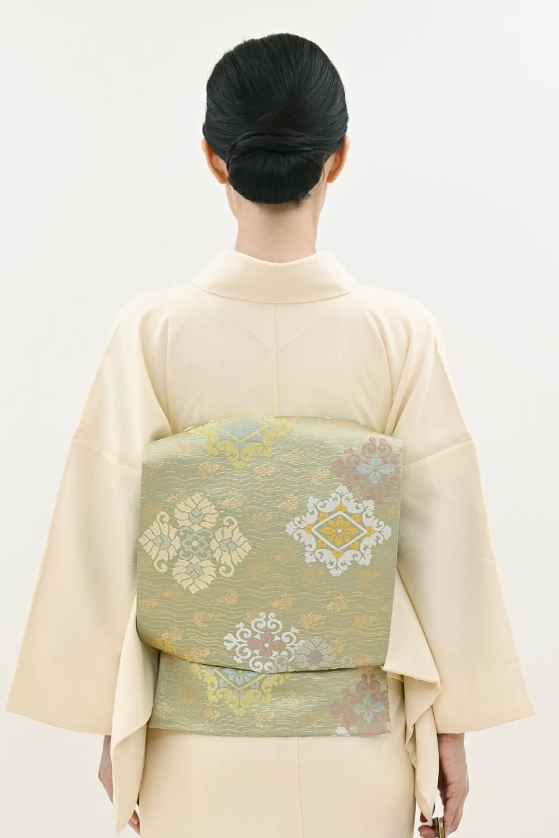 銀座【L-8395】袋帯 青白橡色 荒磯に花菱 - 銀座きもの青木