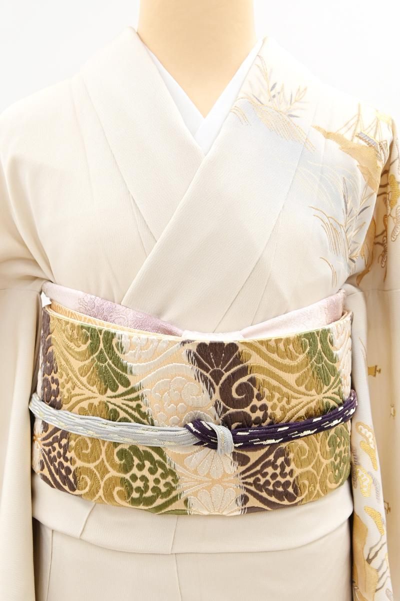 美術やきもの 銀座【L-8447】西陣 山口美術織物製 袋帯 浅紫色 有職双鳥菊花文