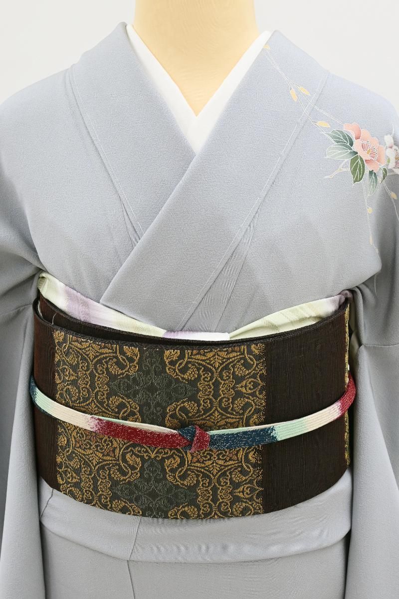 銀座【L-8429】西陣 紋屋井関製 御寮織 袋帯 桧皮色 横段に名物