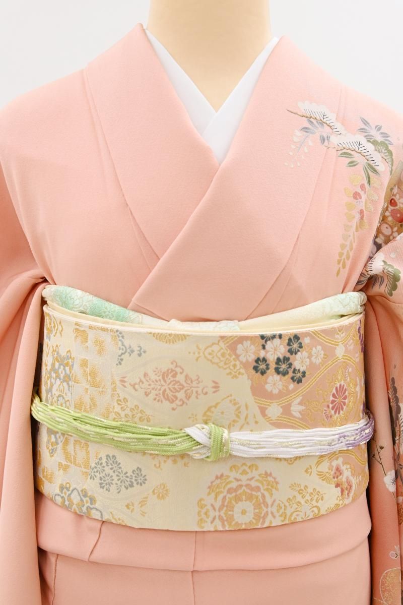 銀座【L-8431】袋帯 帝王紫 鳥の子色 道長取りに立湧や華文