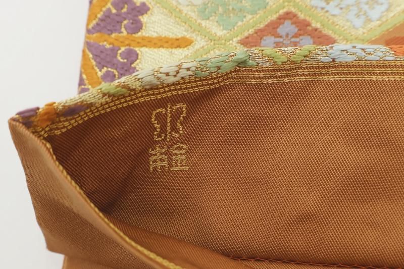 銀座【L-8434】西陣 川島織物製 本金 加良錦 本袋帯 駱駝色 花菱