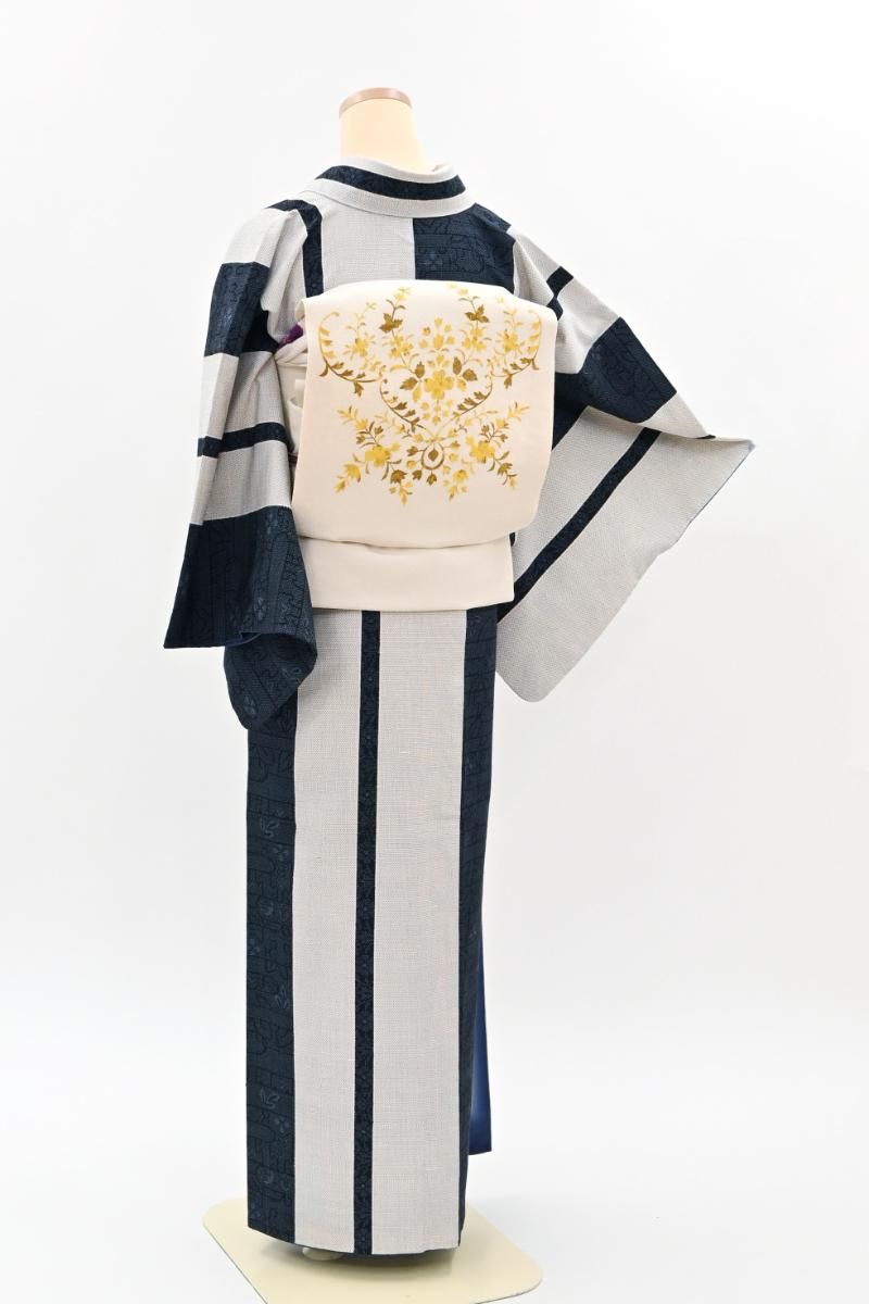 銀座【A-4175】塩沢紬 深い群青色×乳白色 竪縞に装飾文（証紙付