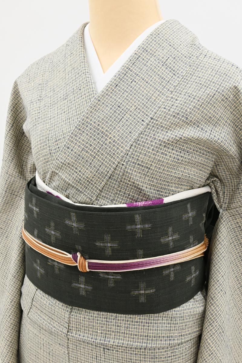 銀座【A-4176】小田島克明作 小千谷紬 砂色 小田島格子文(反端付