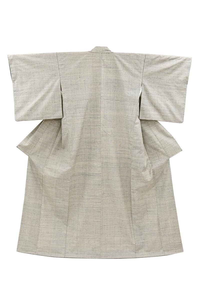 銀座【A-4176】小田島克明作 小千谷紬 砂色 小田島格子文(反端付